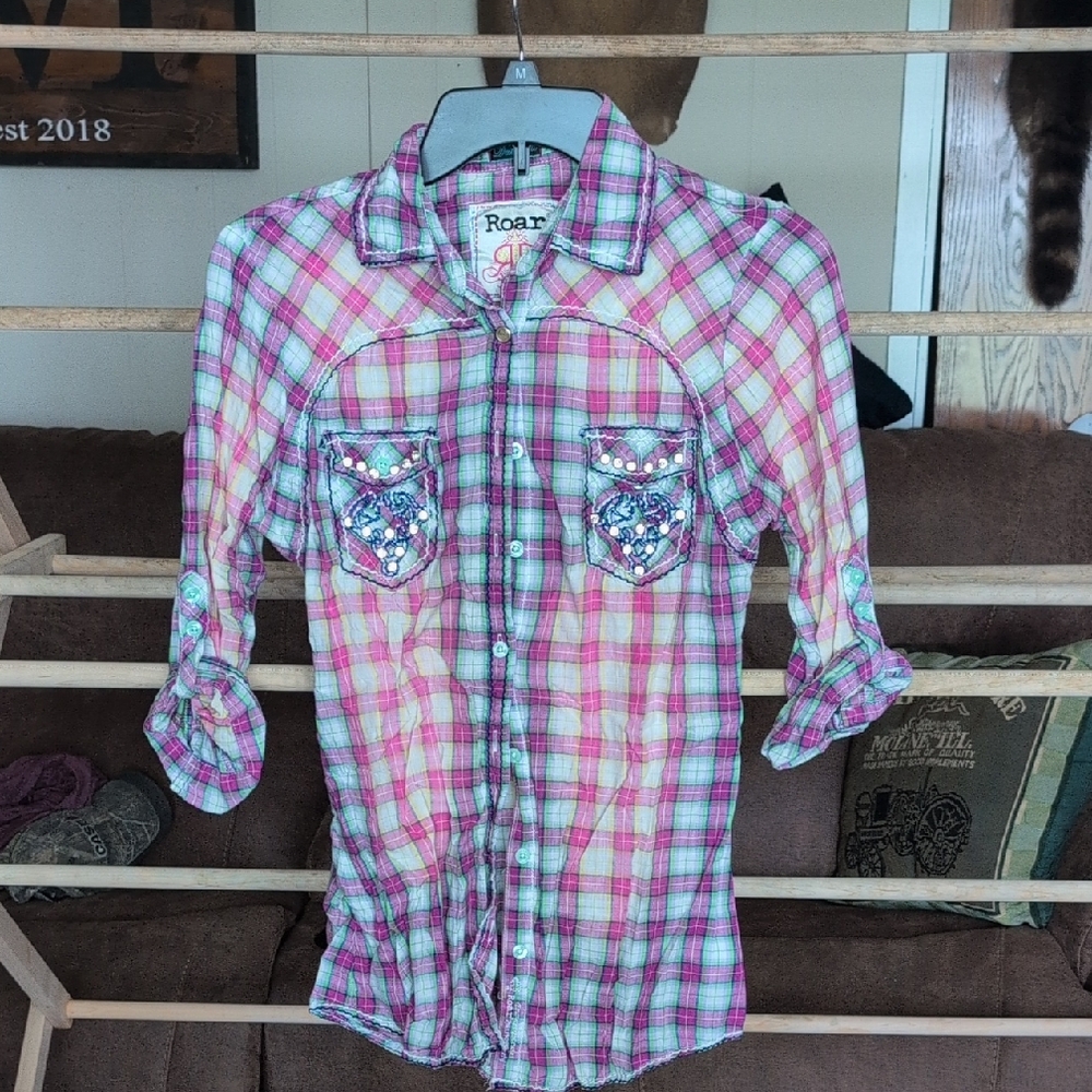 Roar Pink Plaid Button-Down Shirt with Embellished Chest Pockets